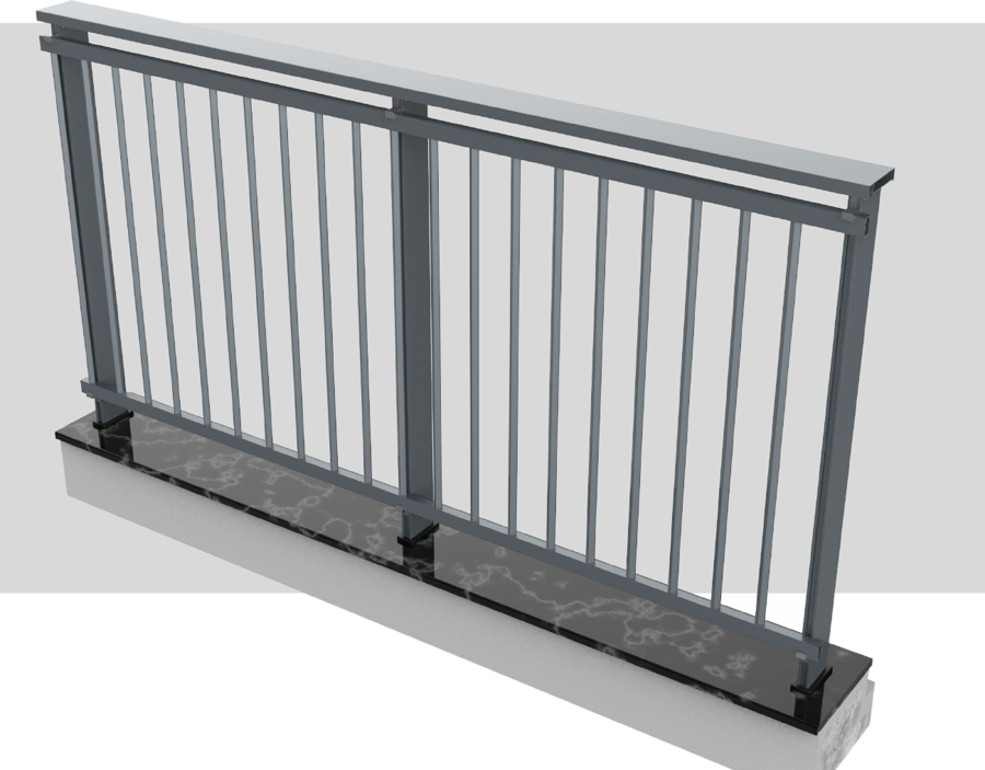Render técnico do sistema Gradline Minimalista — Opção barrote, vista interna
