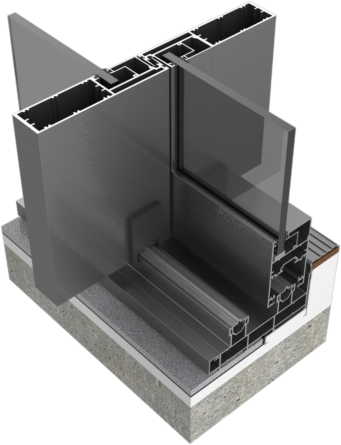 Render técnico do sistema Erus — Corte do trilho embutido no piso