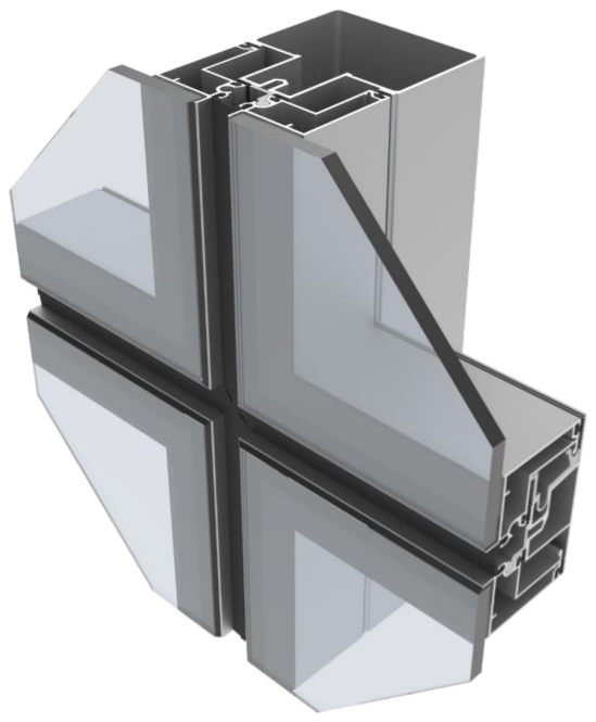 Render técnico do sistema Ecostick — Encontro de montante e travessa, glazing